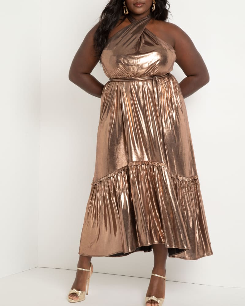 Front of a model wearing a size 28 Metallic Dress With Halter Neckline in Rose Gold by ELOQUII. | dia_product_style_image_id:272972